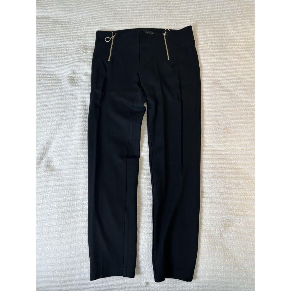 Ann Taylor Black Dress Pants Trousers Slacks Gold Zippers Ring Women Medium